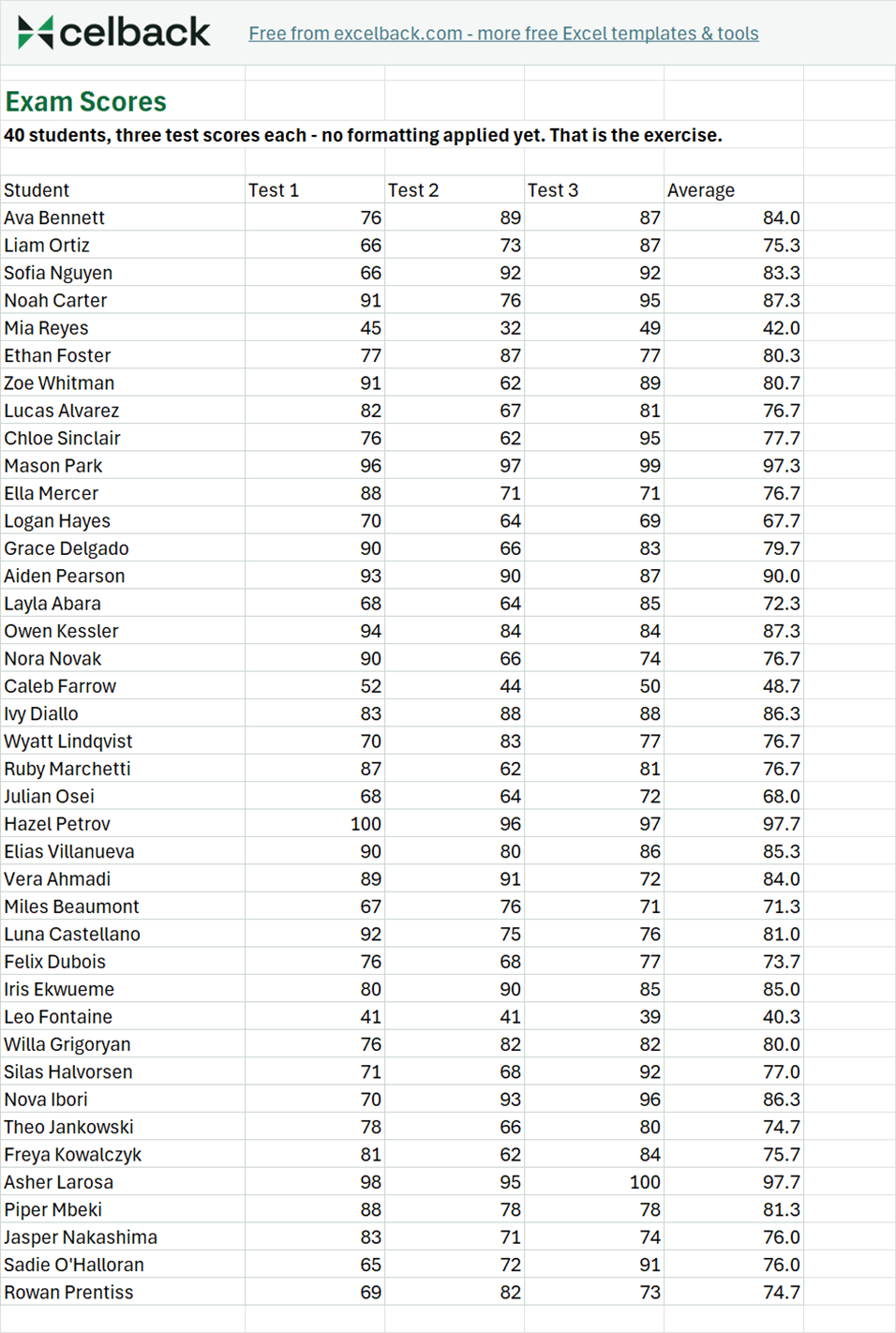 Preview of the Conditional formatting practice: exam scores dataset