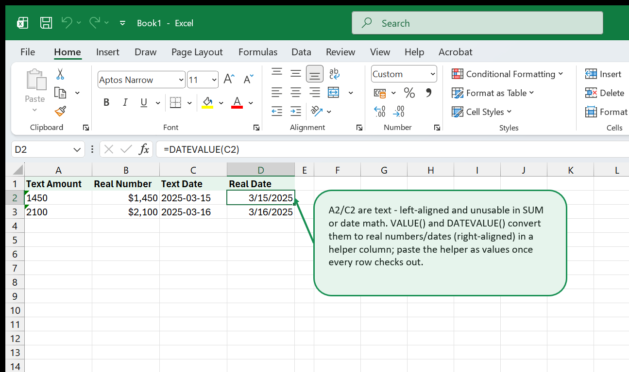 A Text Amount and Text Date column, both left-aligned, next to Real Number and Real Date helper columns using VALUE and DATEVALUE, both right-aligned once converted.