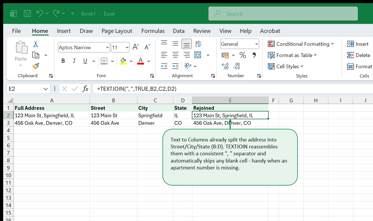 A Full Address column already split by Text to Columns into Street, City, and State, next to a Rejoined column showing the formula TEXTJOIN with a comma separator reassembling them.