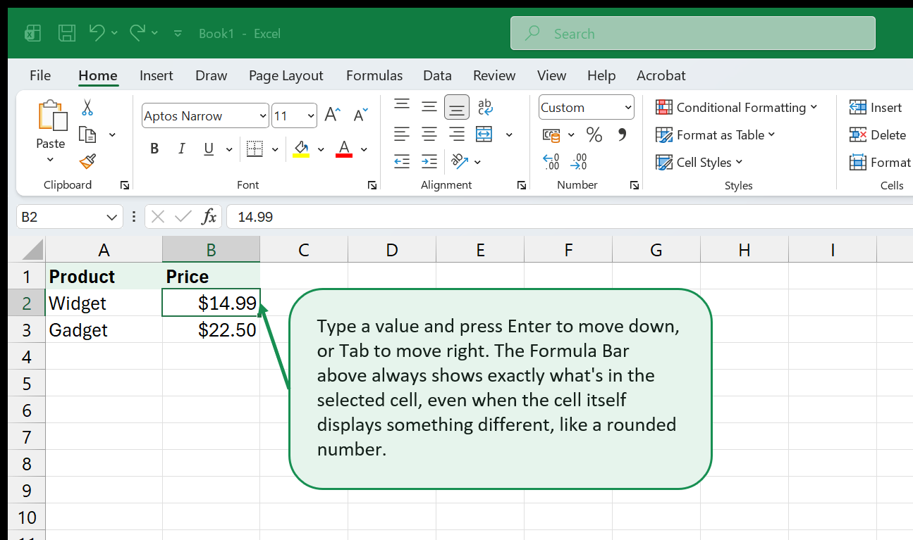 A cell being entered, with the Formula Bar showing the exact typed content and a callout about Enter/Tab moving the selection.
