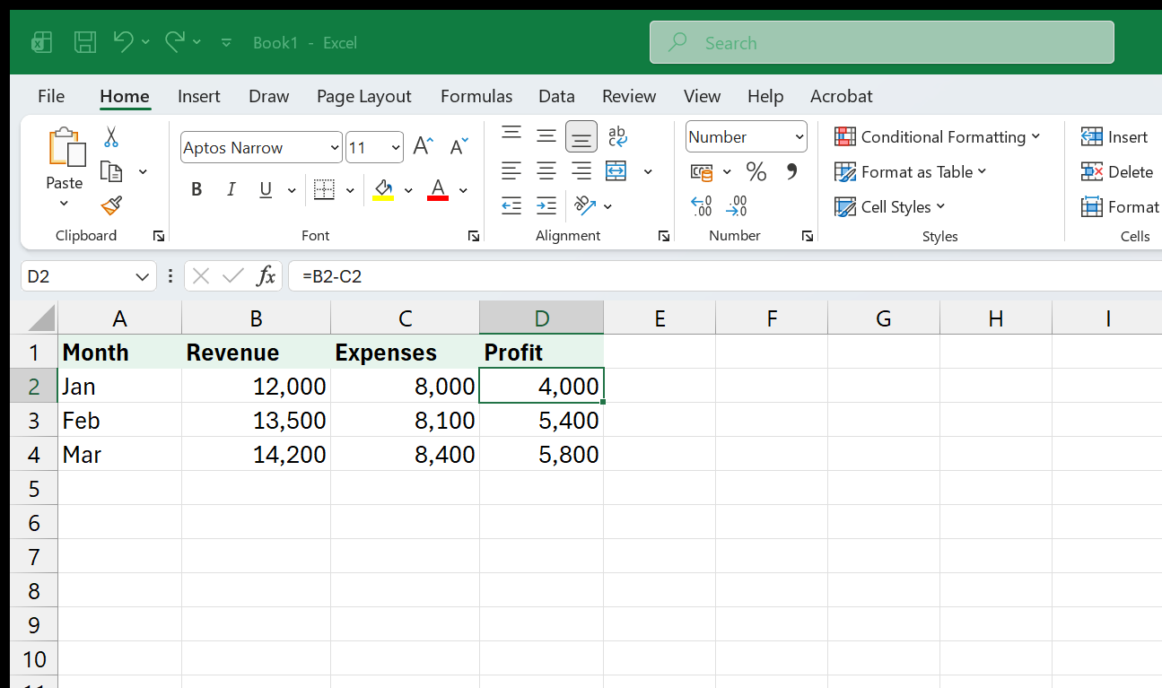 A small worksheet with a formula, showing the ribbon, Name Box, Formula Bar, grid, and column/row headers in their normal positions.