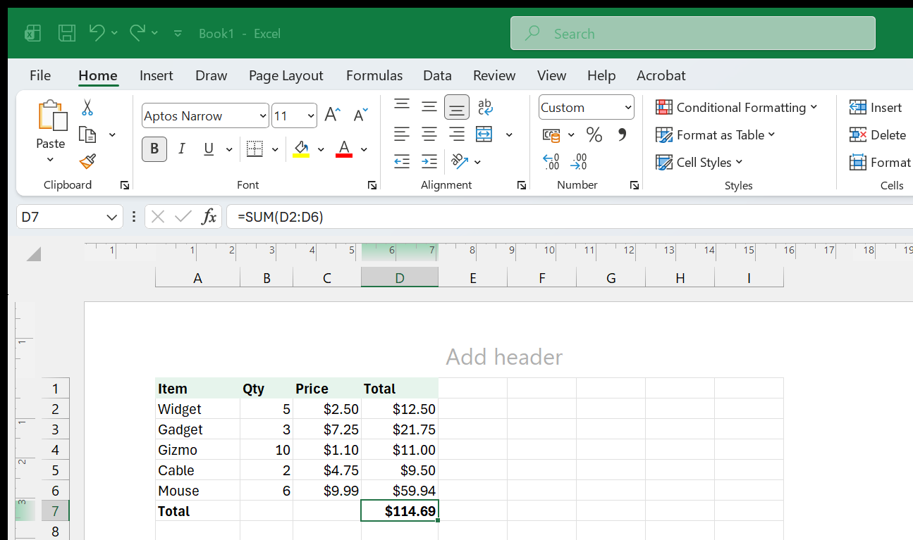 A worksheet in Page Layout view, showing the printable margins and page boundary directly around the data.