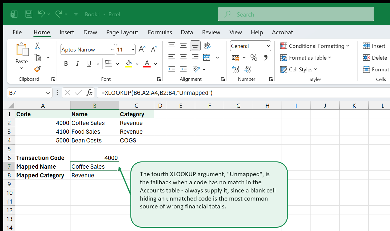A Code, Name, Category lookup table with a Transaction Code cell and Mapped Name and Mapped Category rows using XLOOKUP with an Unmapped fallback value.