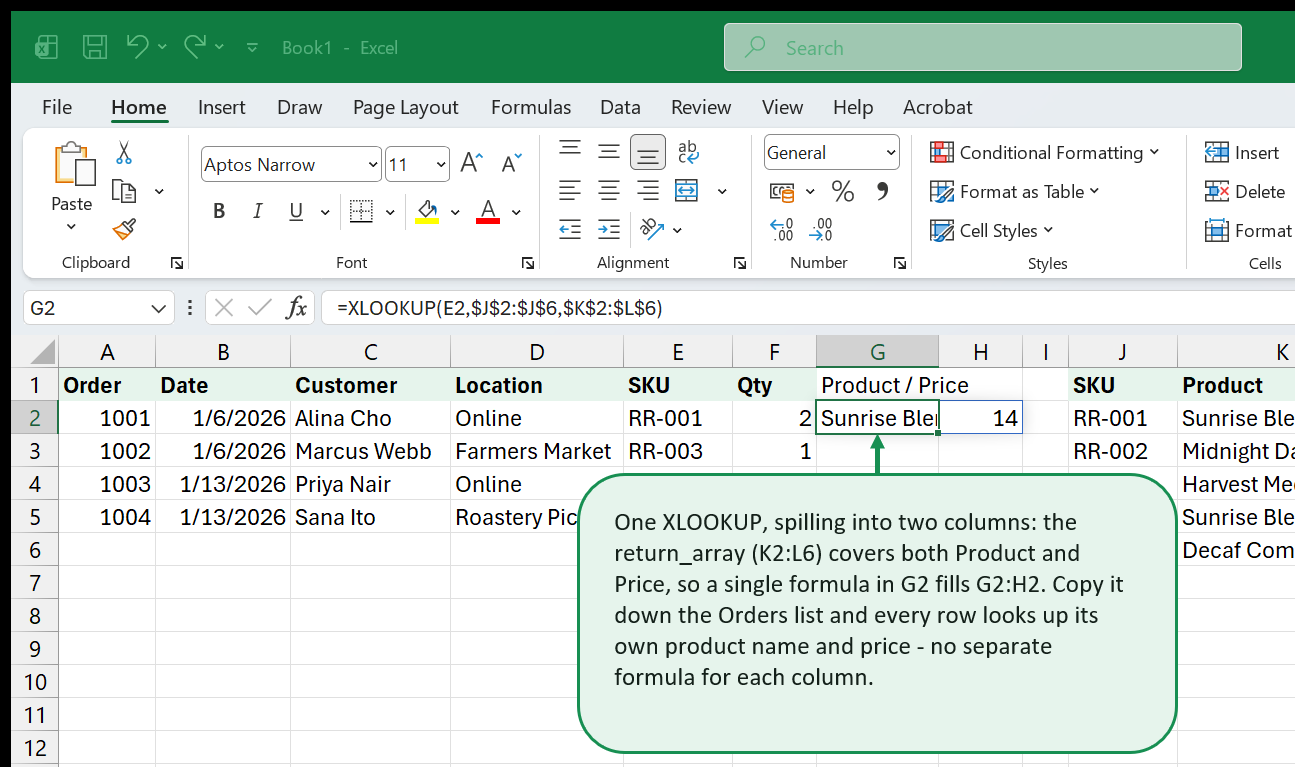 An Orders sheet where one XLOOKUP formula in G2 spills its result across G2 and H2, returning both the product name and price from a two-column return array.
