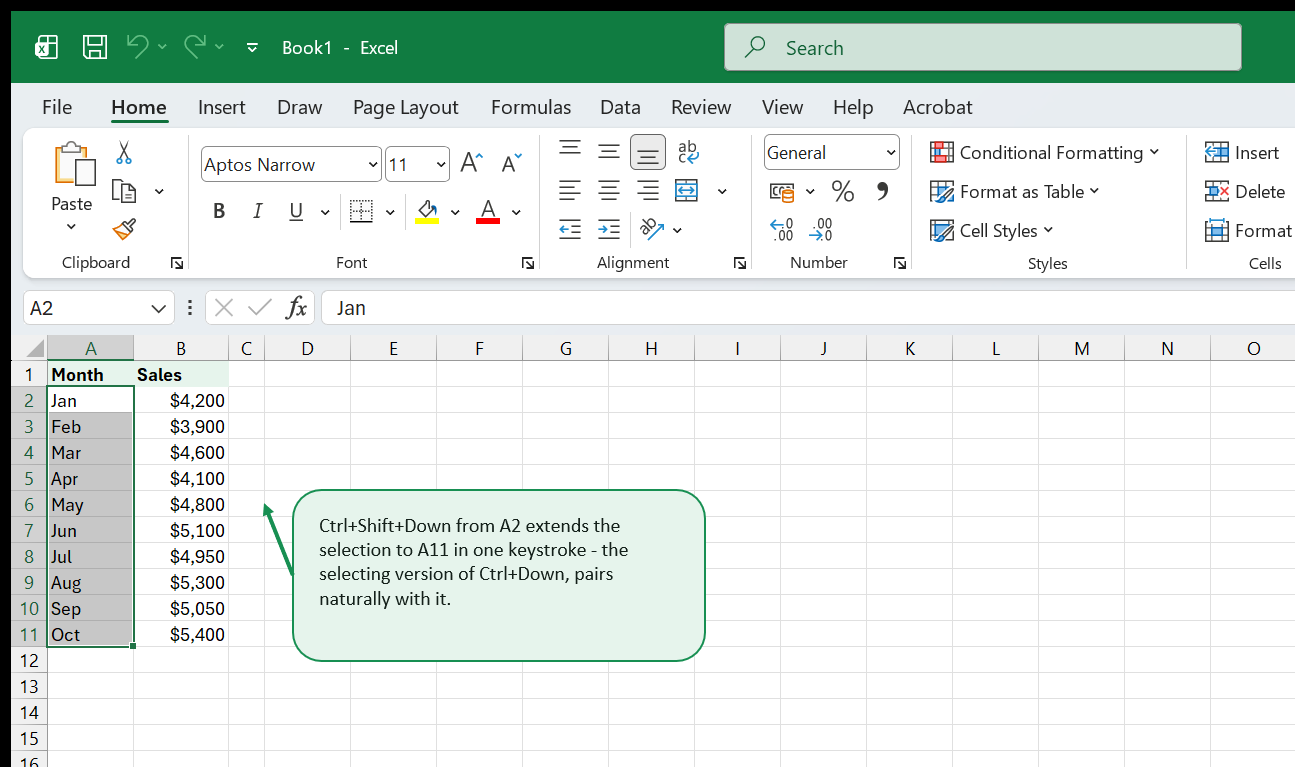 Selecting to the edge of a data region with Ctrl+Shift+Arrow