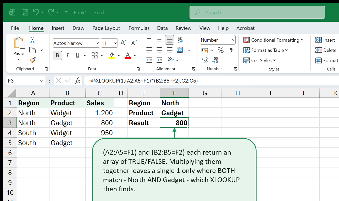 An XLOOKUP formula using a boolean AND array trick to match sales by both region and product with no helper column.