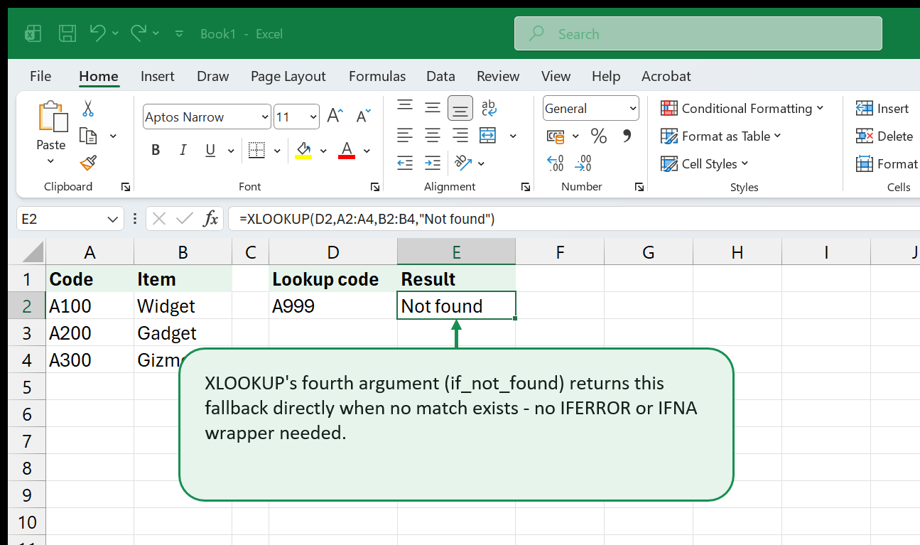 An XLOOKUP formula with a fourth if_not_found argument returning the text Not found instead of the #N/A error, with a callout explaining this needs no separate IFERROR wrapper.