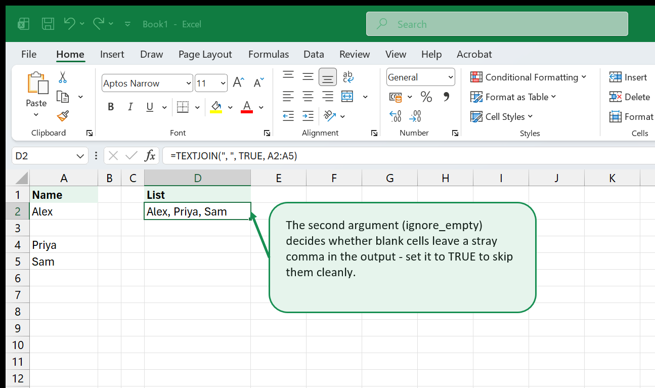 A TEXTJOIN formula joining three names into a comma-separated list, with a callout explaining that the ignore_empty argument skips blank cells cleanly.