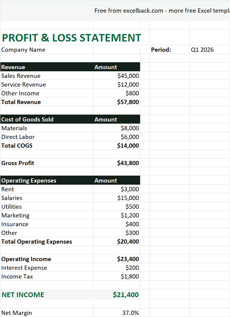 Preview of the Business P&L statement template