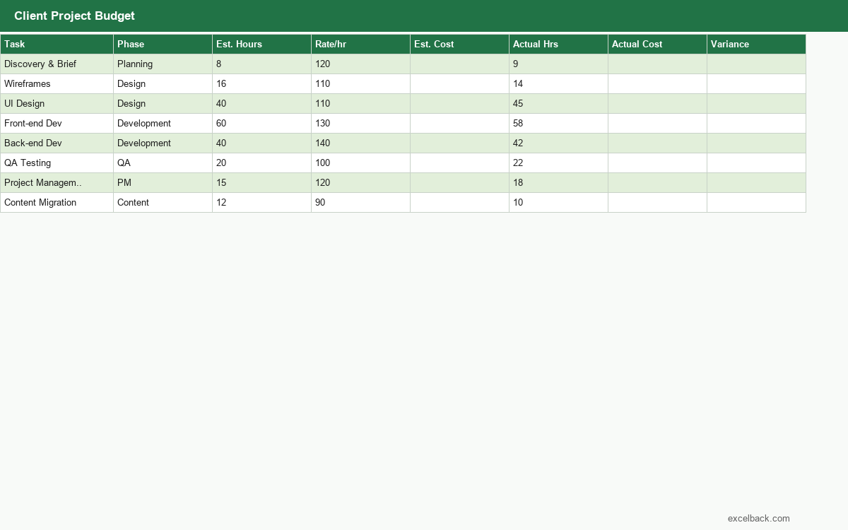 Preview of the Client project budget template