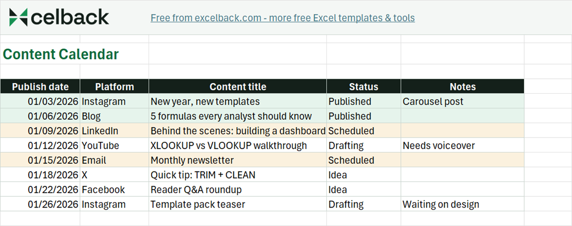 Preview of the Content calendar template