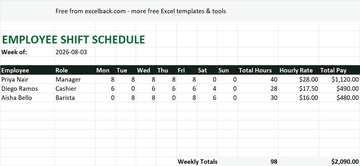 Preview of the Employee shift scheduler template