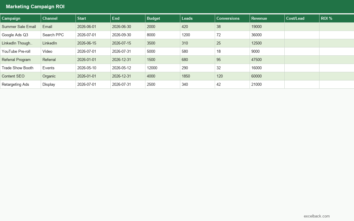 Preview of the Marketing campaign ROI tracker template