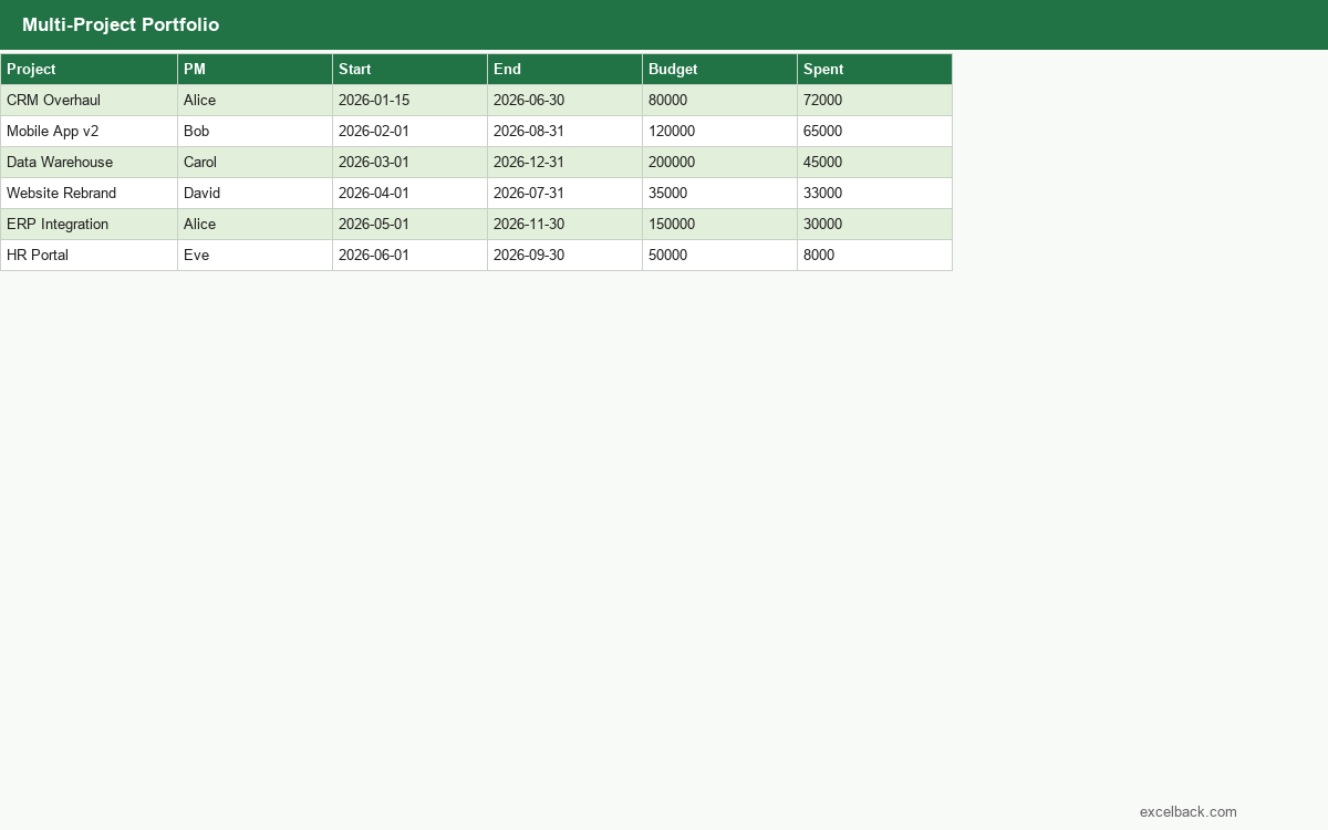 Preview of the Multi-project portfolio tracker template