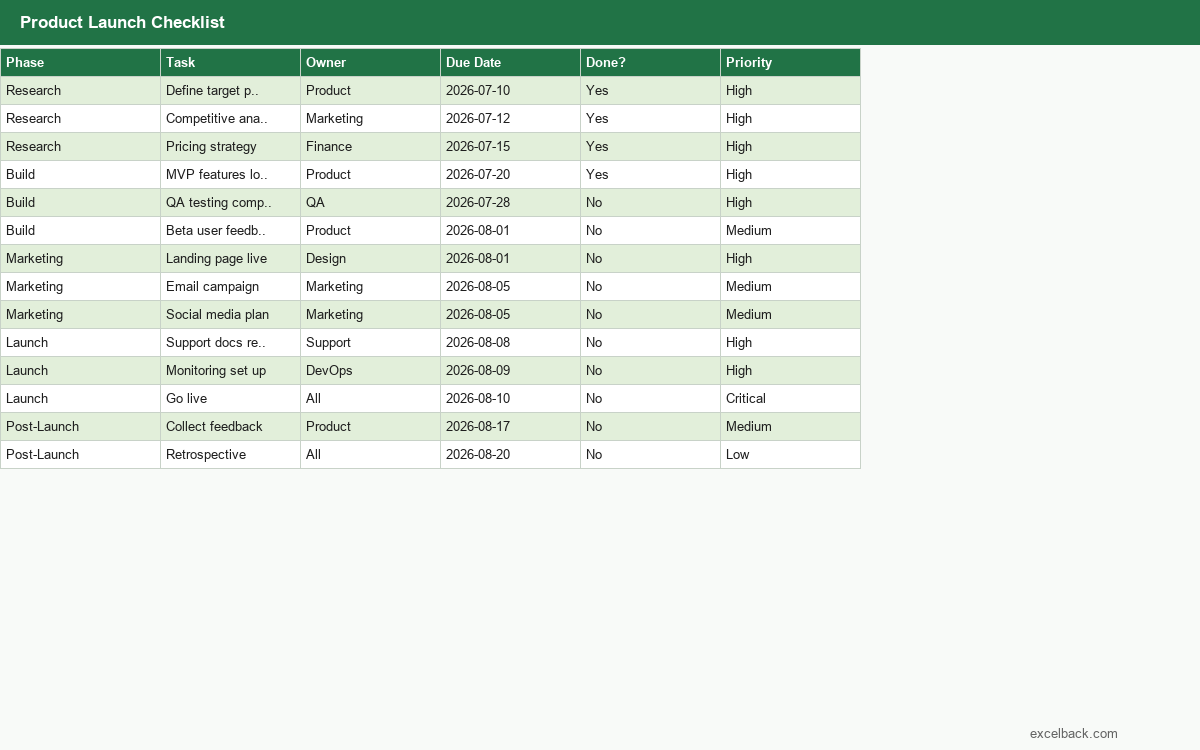 Preview of the Product launch checklist template