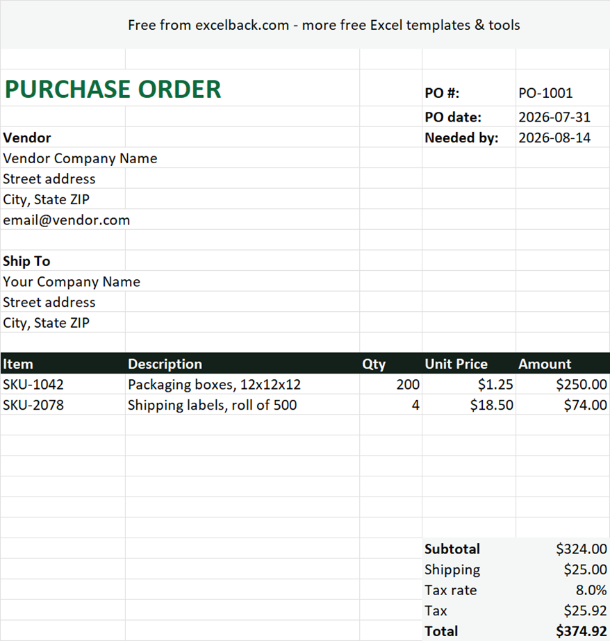 Preview of the Purchase order template template