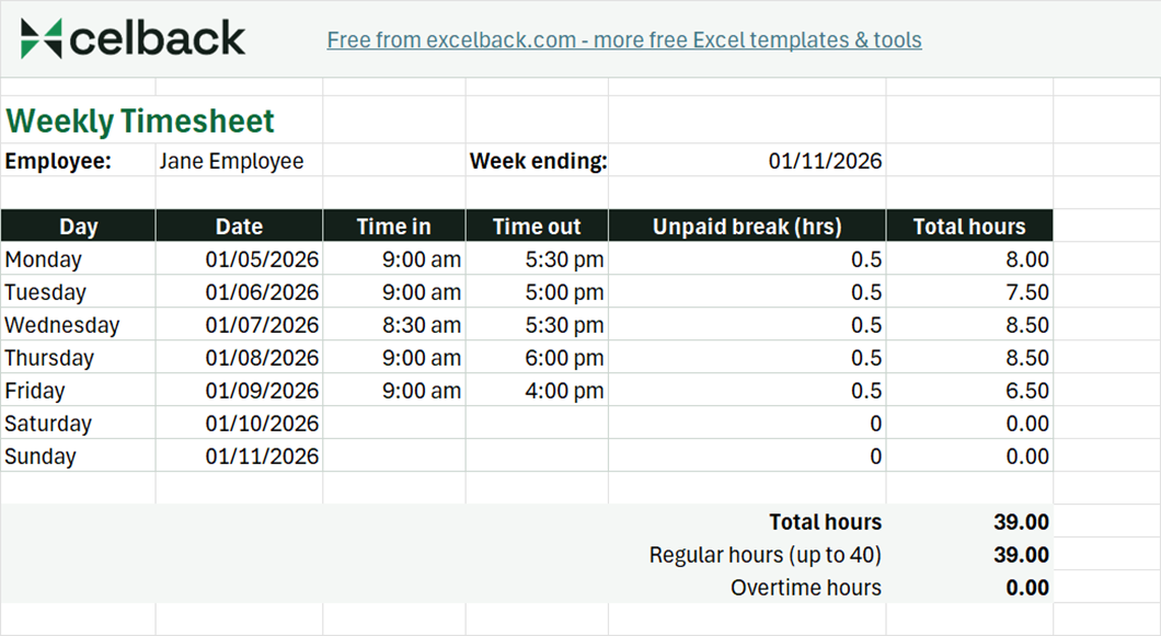 Preview of the Simple weekly timesheet template